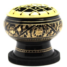 Govinda - Small Decorated Brass Charcoal Screen Incense Burner with Wooden Coaster