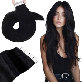 Hetto Tape in Hair Extensions Human Hair Black 24 Inch Hair Extensions Tape in Jet Black Human Hair Tape in Extensions Invisible Double Sided Tape 50g 20pcs