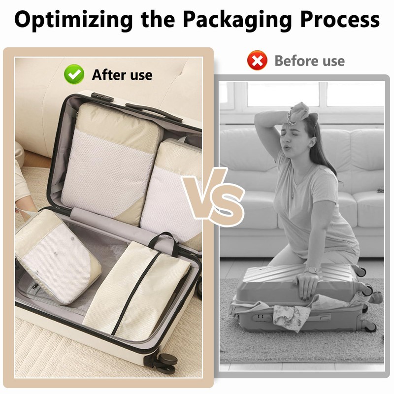 POWZOO 8-Piece Compression Packing Cubes Set, Clothes Bags, Shoe Bags,