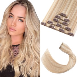 Elailite Clip-In Real Human Hair Extensions - Clip-In Hair Extensions - 12 Clips Clip-In Extensions Real Hair Blonde - Straight - 18 Inches (45 cm 70 g) #18P613 Ash Blonde and Bleached Blonde Pack of