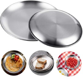 VollfitYYu Set of 2 Stainless Steel Plates, Round Serving Trays, Silver Plates, Dinner Plates, Salad Trays, Serving Plates, Grill Plates for Outdoor Party, Picnic, Camping, Wedding (17 cm)