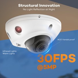 ONWOTE PoE IP Security Camera Outdoor Dome 5MP 30FPS, Vandal Proof IK10 PoE IP Cameras with Audio, 2592x1944 5 Megapixels, 122° Wide View, AI Human and Vehicle Detection, CCTV Camera for Business