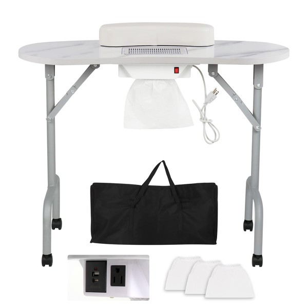 AGESISI Portable Manicure Table Foldable Nail Desk with Charging Station