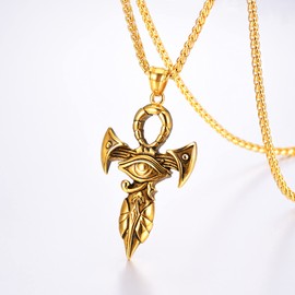 U7 Ancient Ankh Cross Necklace with 18K Gold Plated Rope Chain Amulet Eye of Horus Pendant Necklaces for Men Women