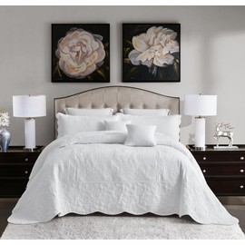 Blythease Oversized Queen Bedspread Cotton, Reversible Paisley Pattern Design, Lightweight Bedding Cover, 5 Piece Set - Queen, Pure White