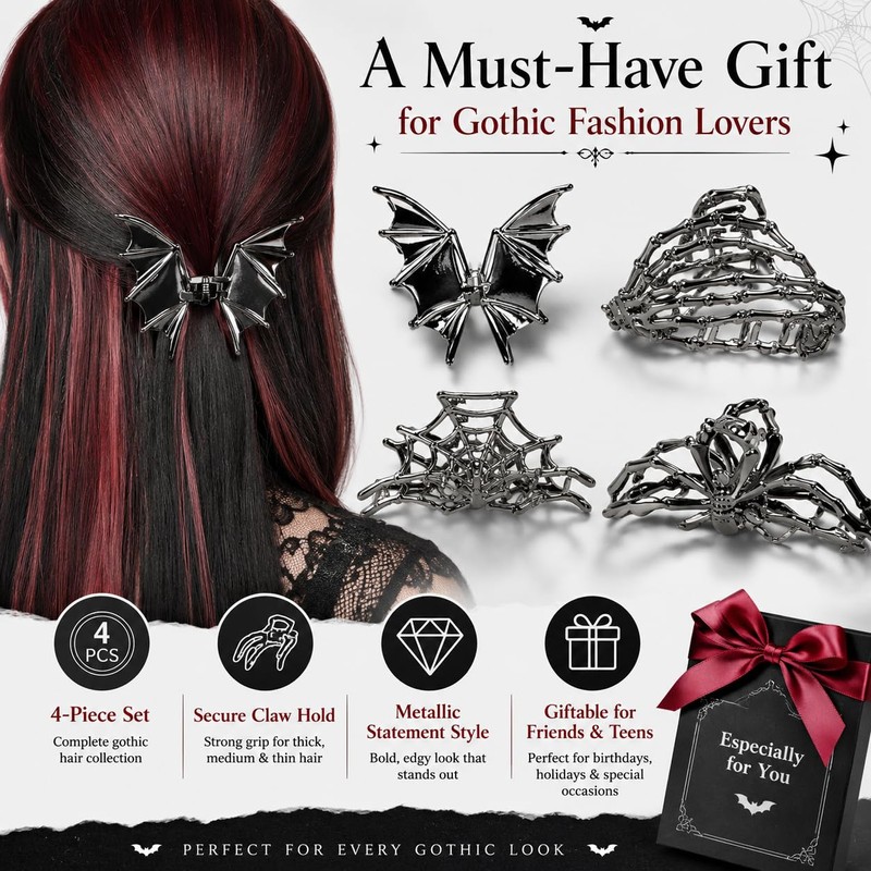 4PCS Gothic Hair Claw Clips, Spider Bat Skull Designs for