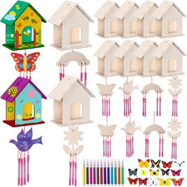 Feifeiya 55 Pcs DIY Bird House Wind Chime Kit to Build and Paint 12 Unfinished Wooden Bird House 12 Wind Chime 19 Butterfly Sticker 12 Watercolor Pen Arts and Crafts for Activity (Modern)