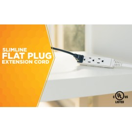 Woods SlimLine Indoor Flat Extension Cord, 8 Ft, 16 Gauge Right Angle Plug, 3 Polarized Outlets, 125 Volts, White, 2241