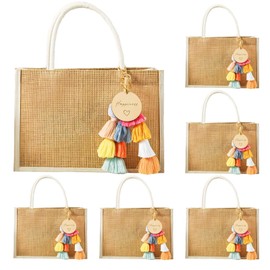 Poranlem Burlap Gift Bags with Handles and Colorful Tassel Charm Blessing Tags 6Pcs 12.2x 9.8x 4 Brown Bulk Bridesmaid Bachelorette Jute Tote for Wedding Party Birthday Mothers Day