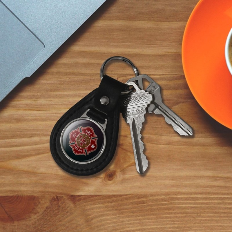 Black Leather Firefighter Fire Rescue Maltese Cross Keychain