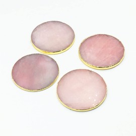 Rose Quartz Decor Coaster, Natural Pink Crystal Round Coasters Gold Edge Set of 4 (Round 3.5''-4)