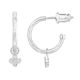 PAVOI 14K White Gold Plated 925 Sterling Silver Post Huggie With Dangle | Small Hoop Earrings With Posts For Women | Trendy Clover Dangle Hoop Earrings | CZ Huggie Earrings