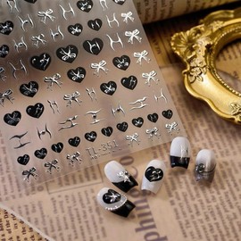 Black Heart Nail Stickers Silver Nail Art Decals Bow Design 5D Embossed Nails Art Stickers Self Adhesive Manicure Supply for Women Girls Kid Nails Decoration Accessories