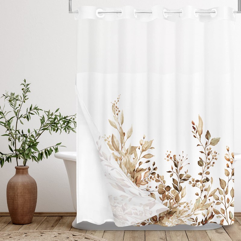 Tititex No Hooks Snap in Liner Tan Eucalyptus Leaves Shower