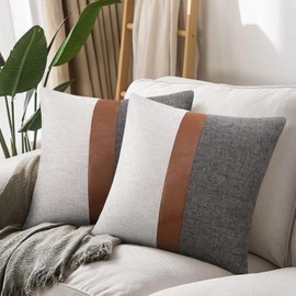 Merrycolor Gray and Brown Faux Leather and Linen Throw Pillow Covers 20X20 Inch Modern Farmhouse Accent Pillow Covers Leather Decorative Pillow Cover for Couch Sofa Bed