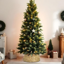 Christmas Tree Collar, 24in Woven Tree Collar for Artificial Trees, Rustic Wicker Rattan Tree Collars Skirt with Cord Cut-Out for Pencial Tree,Christmas Tree Ring, Xmas Tree Base Cover,Natural