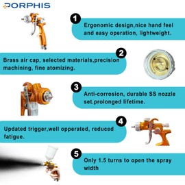 PORPHIS HVLP Automotive Refinishing Spray Gun MPH-338 0.8mm Nozzle Paint Spray Gun, Yellow