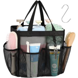 F-color Mesh Shower Caddy Portable for College Dorm Room Essentials with S Hook, 8 Pockets 2 Handles Quick Dry Shower Bag for Camping, Travel, Gym, Bathroom, Hanging Toiletry Organizer, Black