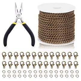 Swpeet 102Pcs Bronze 3mm Jewelry Making Chains Kit with Jump Rings, Lobster Clasps and Jewelry Plier, Necklace Chains Flat Cable Link Chain Bulk Ideal for DIY Craft Jewelry Chain Making