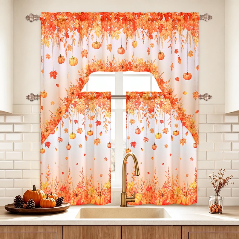 Fall Swag Curtains Maple Leaf Valances for Windows, Thanksgiving Pumpkin