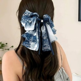 Rannyrena Large Chiffon Silk Hair Bow for Women Mesh Big Bows Hair Clips with Pearls Crystal Tulle Hair Barrettes Long Tail Bowknot Hair Accessories (Blue and White)
