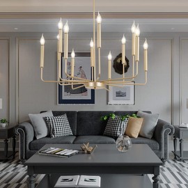 Qamra Modern Farmhouse Gold Chandelier for Dining Room, 12-Light Rustic Candle Chandelier Light Fixture, Industrial Hanging Chandeliers Lighting for Living Room, Kitchen, Staircase, Entryway, Foyer