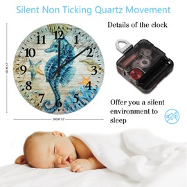 Silent Wall Clock Non-Ticking Quartz Battery Nautical Beach Ocean Theme Underwater Sea Horse Decorative Wall Clocks Watercolor Marine Life Wooden Wall Decor for Restroom School Conference Room 12"