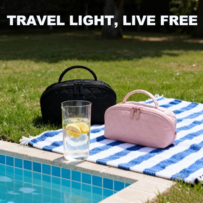 Makeup Bag,Quilted Puffer Cosmetic Bag for Women, 180° Lay-Flat Travel