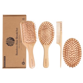 BONUMVITA Bamboo Hair Brush and Comb Set, Natural Bamboo Hair Brush Set for Hair Growth with Paddle Detangling Brush, Scalp Massager and Rat Tail Comb, Suitable for Wet, Dry, Straight