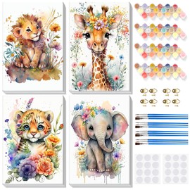 Lxmsja 4 Pack Animals Paint by Numbers Lion for Adults with Frame, Tiger Painting by Numbers for Adults on Canvas, DIY Acrylic Elephant Giraffe Painting Kit Art and Crafts for Home Decor, 8x12in