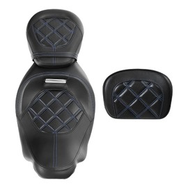XFMT Motorcycle Low Profile Two-Piece 2-Up Driver Passenger Seat W/Sissy Bar Backrest Pad For Harley Touring Road King Street Glide Road Glide Electra Glide CVO 2009-2023, Blue Stitching
