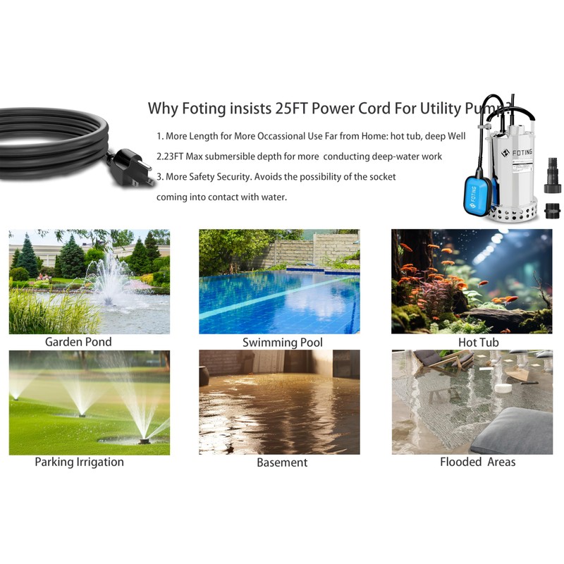 FOTING Full 304 Stainless Steel Sump Pump with Float Switch