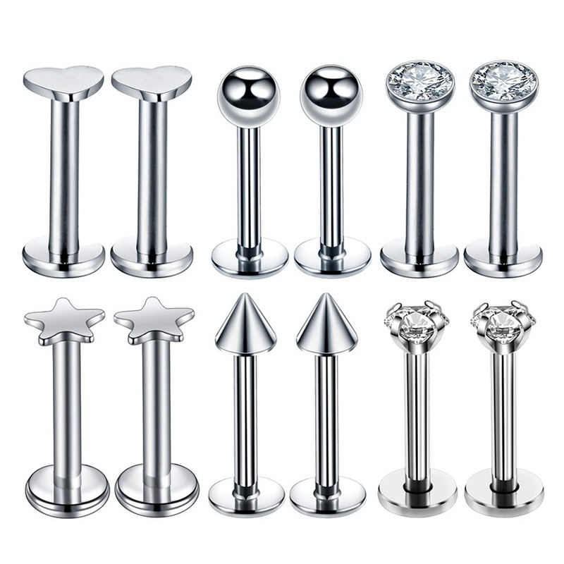 Prettyia 12Pcs 16G Crystal CZ Anillo De Labio Labret Roscado