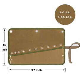 Tool Storage Bag, Sturdy Heavy Duty 16oz Waxed Canvas Wrench Set Organizer, 10 Pockets - Metric & SAE - Wrench Carrier with Grommets, Khaki | 17" L x 11" W