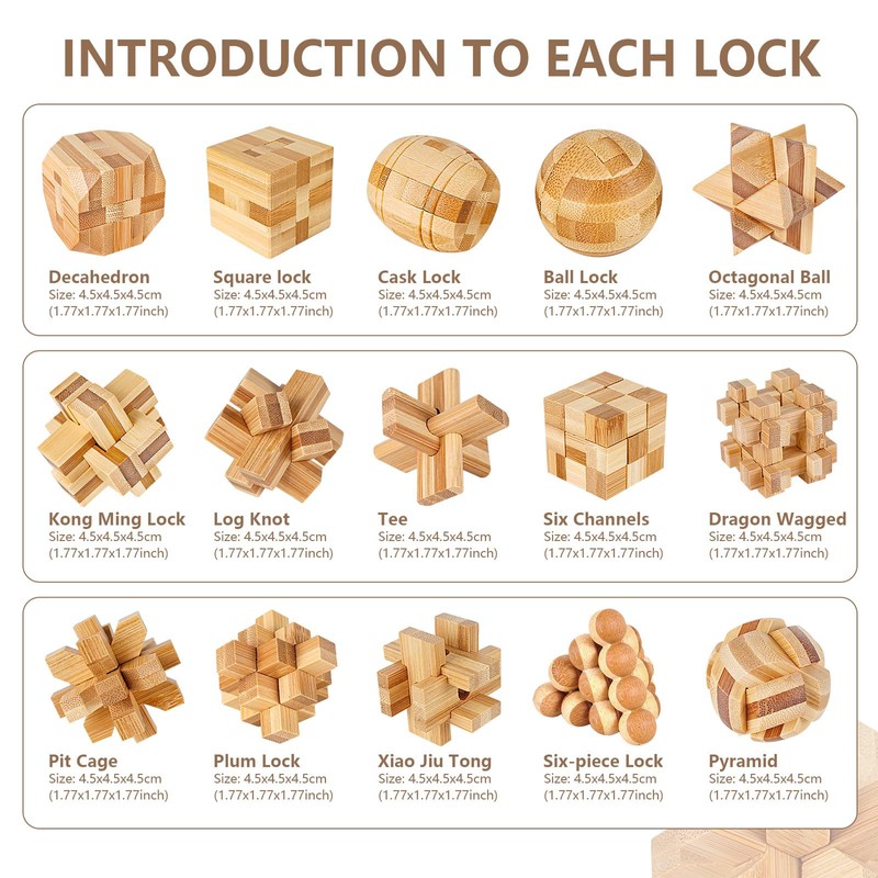 VolksRose 15pcs Wooden Brain Teaser Puzzles, IQ Challenge Puzzle Games,
