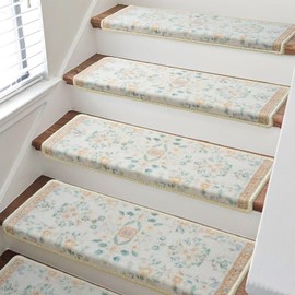 RORA Bullnose Carpet Stair Treads Non-Slip Stair Treads for Wooden Steps,Washable Stair Carpet,Floral Stair Rugs,Runner Indoor Stair Mats for Pets Elder,14pcs,29.5 ''x9.5 ”x1.5 '',Beige