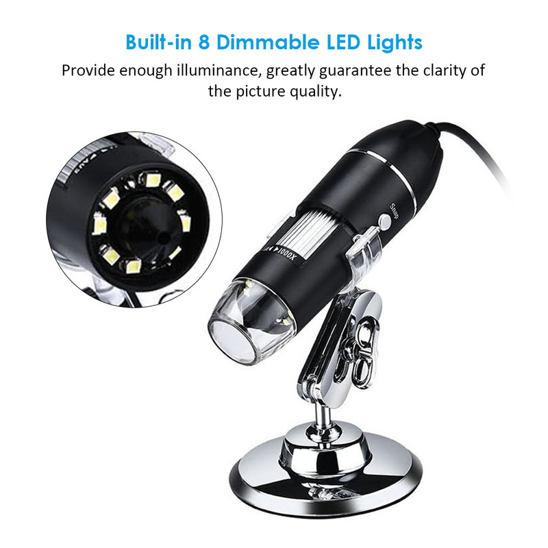 USB Digital Microscope 1000X Magnification Camera 8 LEDs with Stand