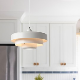Qepeety Adjustable White Pendant Light, 13.8" Industrial Mid Century Modern Ceiling Lamp for Kitchen Island, Nordic Hanging Light for Dining Room, Hallway, Living Room