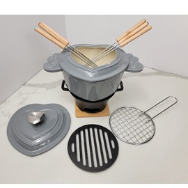 HAWOK Enameled Cast Iron Heart Shaped Cheese Fondue Set Gray