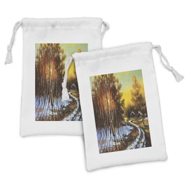 Lunarable Rustic Fabric Pouch Set of 2, Rural Winter Landscape Sun Season Trees Rustic Houses Birds in the Sky Art, Small Drawstring Bag for Toiletries Masks and Favors, 9" x 6", Brown Yellow White
