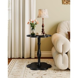 Modern Vintage Pedestal Side Table, Solid Wood Flower-Shaped Accent End Table, Elegant Small Table for Living Room, Bedroom, or Sofa, Perfect for Coffee, Drinks, or Plants, Black