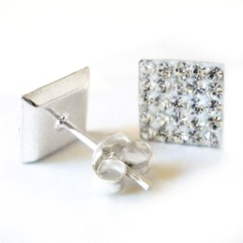 8MM Bling MENS Square Micro Pave Austrian Crystal Sterling Silver Stud Earrings – White/Clear - Beckham Style