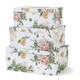 Soul & Lane Christmas Gift Box - Evergreen Ensemble - Set of 3: Holiday Themed Nesting Storage Boxes, Keepsake and Photo Boxes with Lids, Festive Decorative Cardboard Containers for Presents