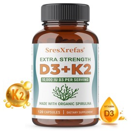 Natural Vitamin D3 K2 (MK-7) Organic Spirulina Supplement with 10 000 IU Potent Bone Health Immune System Emotional Support, Pack of 2, 120 Tablets / 천연 비타민 D3 K2 (MK-7) 유기농 스피루리나 보충제로 10 000 IU 강력한 효능으로 뼈 건강 면역 체계 정서 지원, 2개, 120정