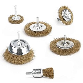 Ferropro Wire Brush Set, 6 Pieces, for Drill, Brass-Plated Steel Wire, Round Shaft 6 mm, Disc Brushes 38, 50, 75, 100 mm, Cup Brush 75 mm, Brush Brush 25 mm, 1 Set