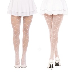 XdealCozyxc 2 Pcs White Tights for Women, Love Heart Valentine's Pattern White Lace Tights, Ladies Fashion White Fishnet Tights