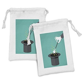Ambesonne Wizard Fabric Pouch Set of 2, Hands in White Gloves Holding a Magic Wand with Stars Above Black Hat, Small Drawstring Bag for Toiletries Masks and Favors, 9" x 6", Turquoise Yellow