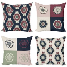 Ambesonne Retro Throw Pillow Cushion Case Pack of 4, Nostalgic Flower Petals Spring Vibes on Vintage Colors Mosaic Tile Themed, Modern Accent Double-Sided Digital Printing, 16", Ivory and Multicolor