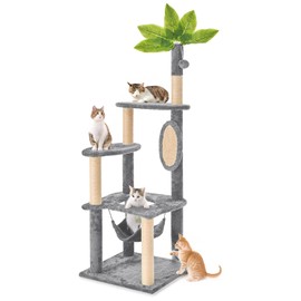 Nineshi 55 Inch Large Cat Tree Tower for Indoor Cats with Hammock Green Leaves Sisal Scratching Post, Plush Hang Ball Play Furniture for Kittens & Adult Cats, Grey