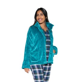 LA CERA Plush Bed Jacket - Women's Fleece Bed Jackets, Stylish Banded Collar, Long Sleeves, Front Pockets, Button Front, 100% Polyester, Machine Washable, Medium Size, Teal Color